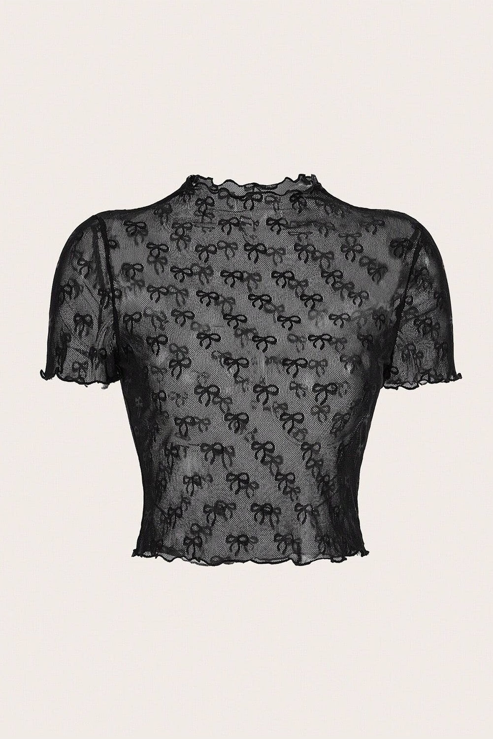 Black Bow Short Sleeve Mesh Top January.