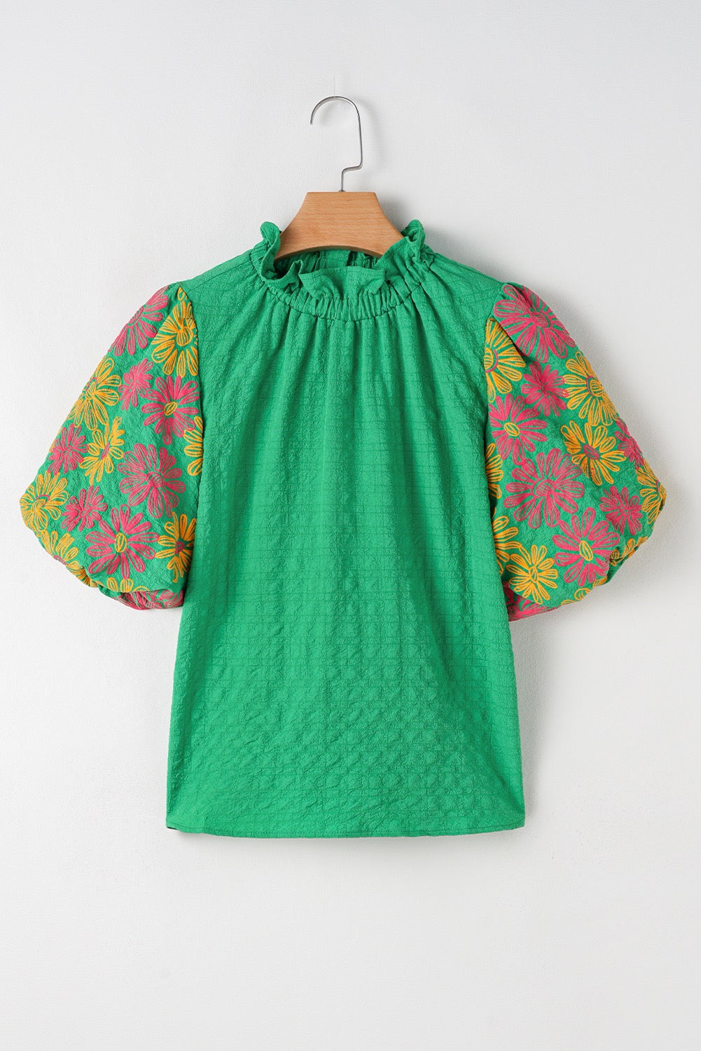 Green Embroidered Puff Sleeve Blouse LT