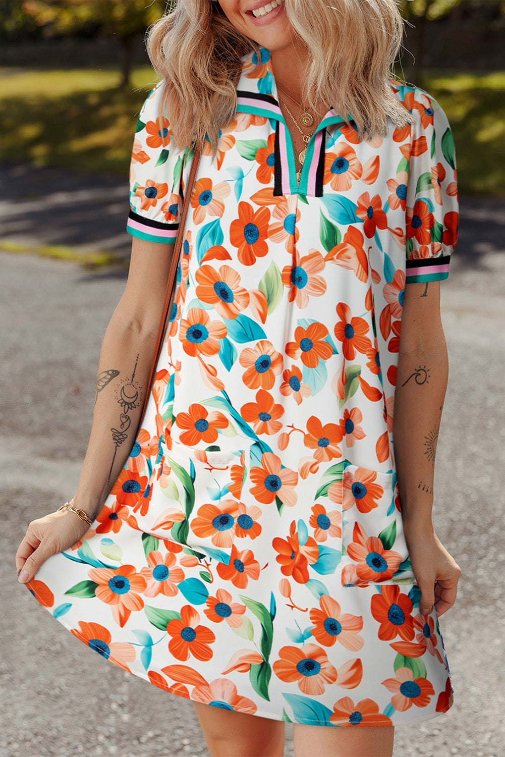 Orange Floral Contrast Trim Dress FB