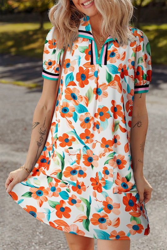 Orange Floral Contrast Trim Dress FB