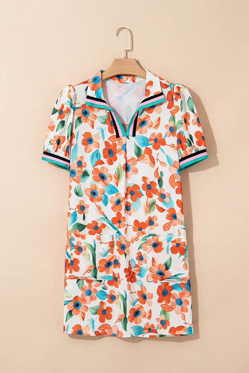 Orange Floral Contrast Trim Dress FB