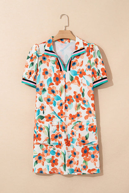 Orange Floral Contrast Trim Dress FB