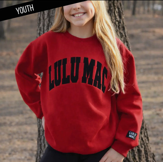 LULU MAC KIDS SWEATSHIRT-RED WITH BLACK MONO STITCH