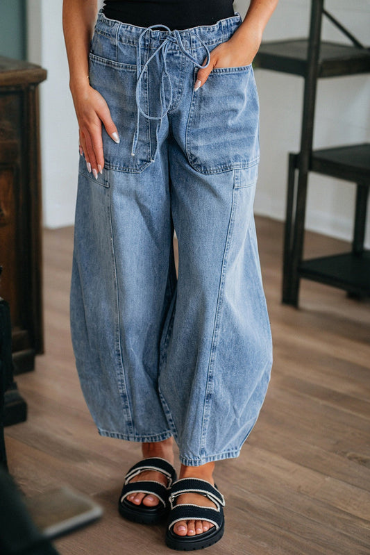 Patch Pocket Blue Drawstring Jeans FB