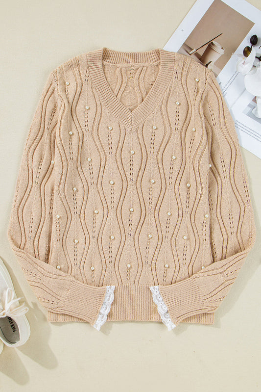Pearl Beaded Peep Lace Sweater LT