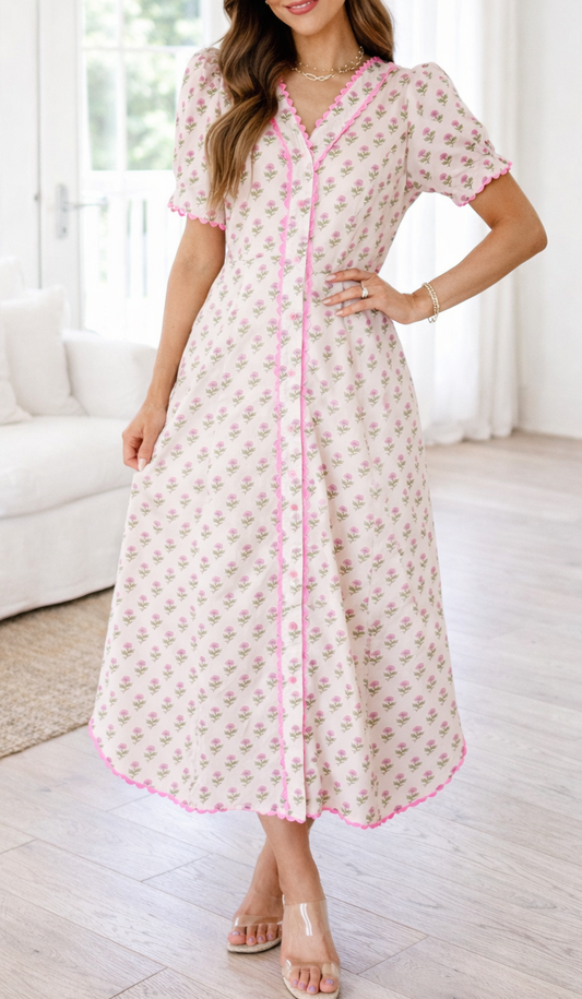 Pink Floral Scallop Trim Long Dress FB