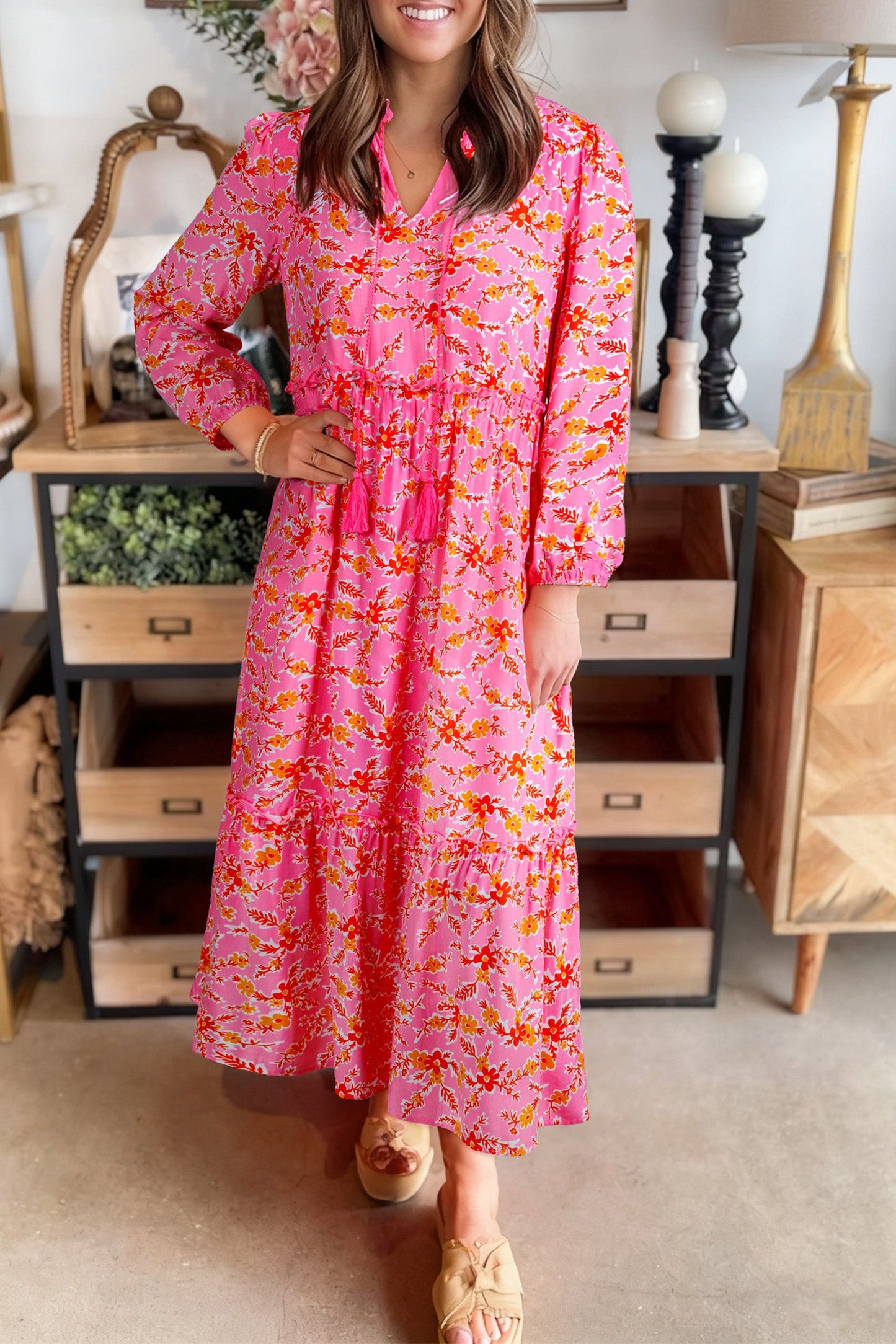 Pink Floral Tassel Maxi Dress FB