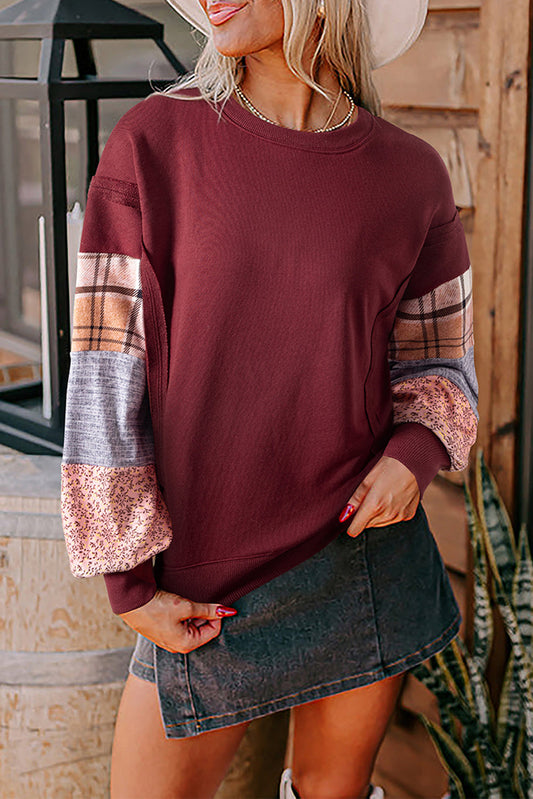 Plaid Patchwork Raw Seam Sweatshirt LT