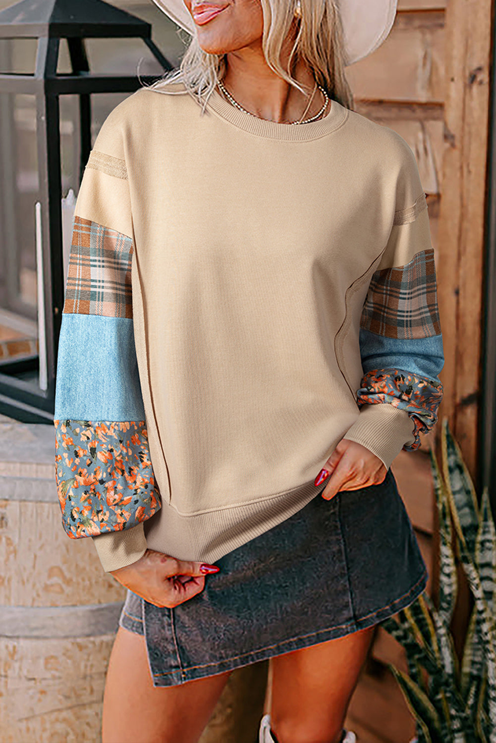 Plaid Patchwork Raw Seam Sweatshirt LT