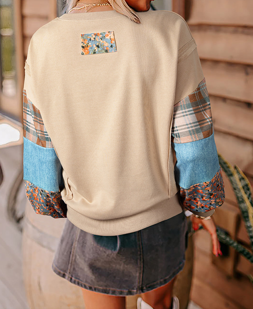 Plaid Patchwork Raw Seam Sweatshirt LT