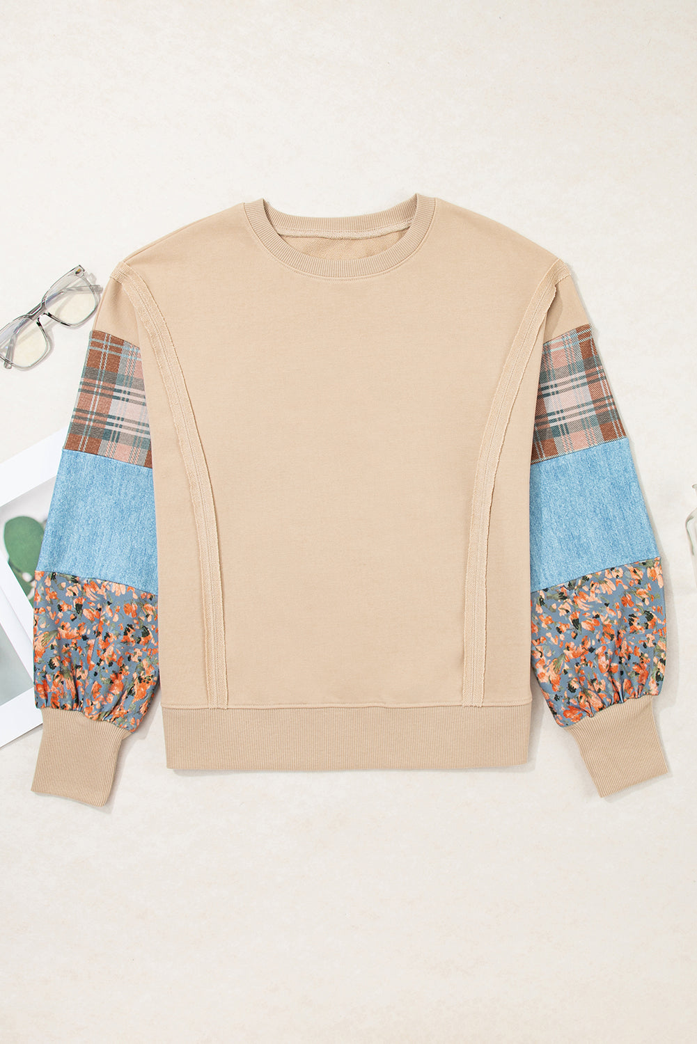 Plaid Patchwork Raw Seam Sweatshirt LT