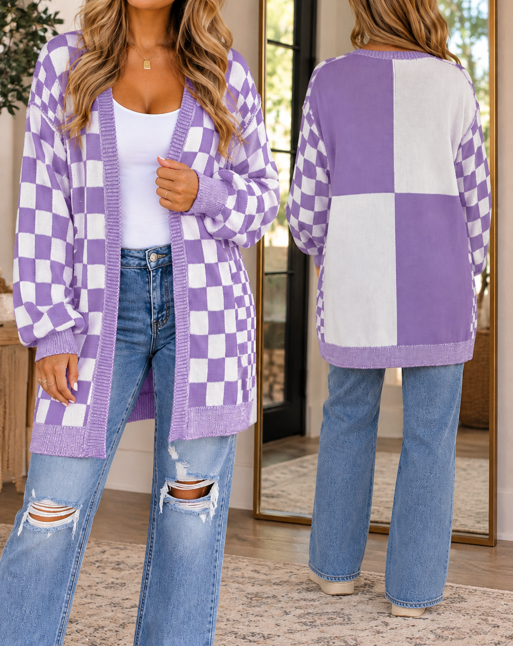 Purple Checkered Cardigan