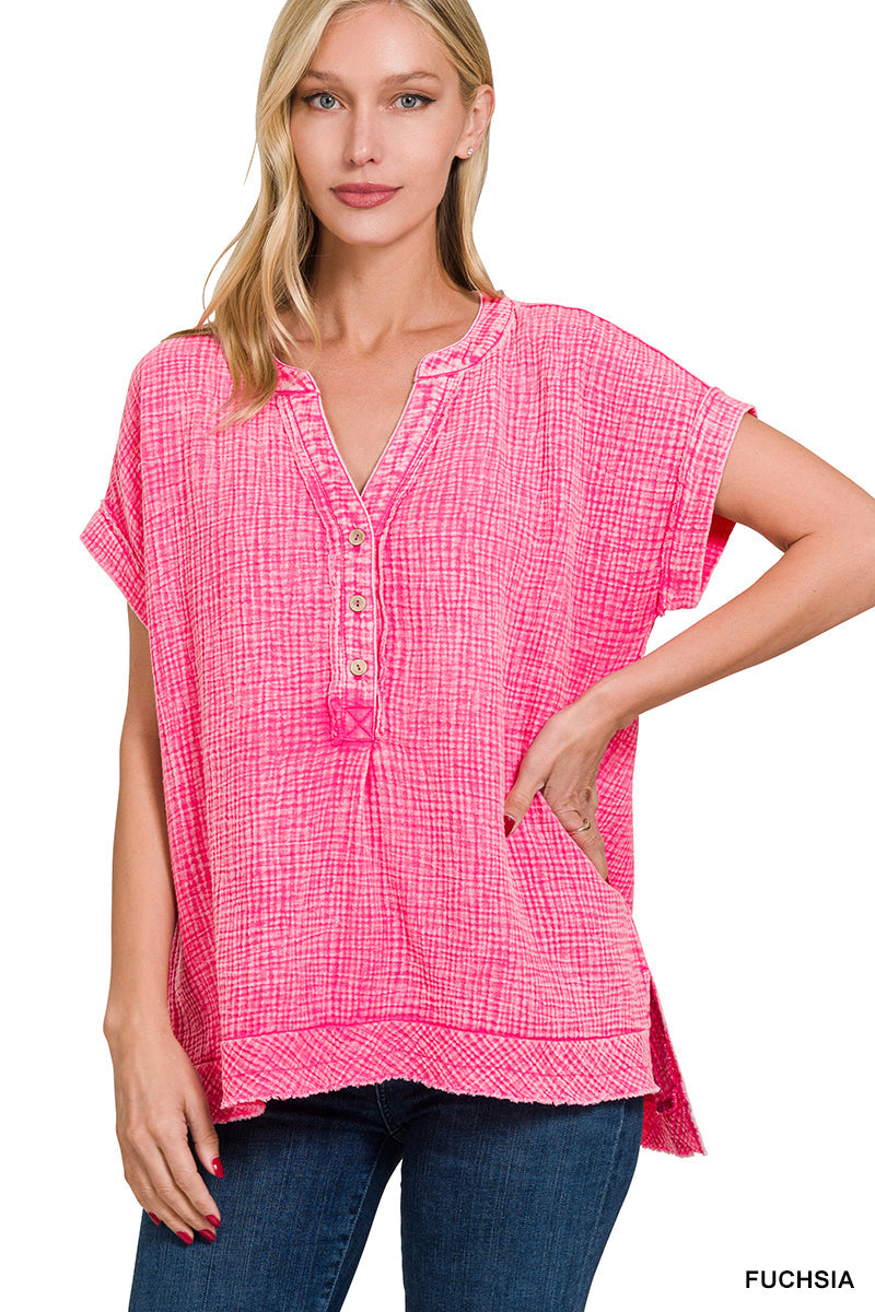 Double-Gauze Henley Top Zenana RTS