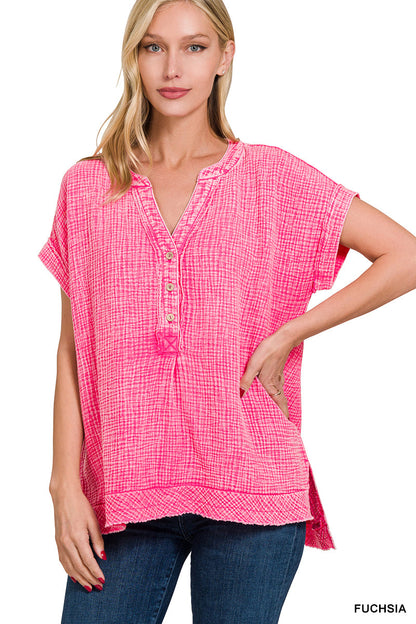 Double-Gauze Henley Top Zenana RTS