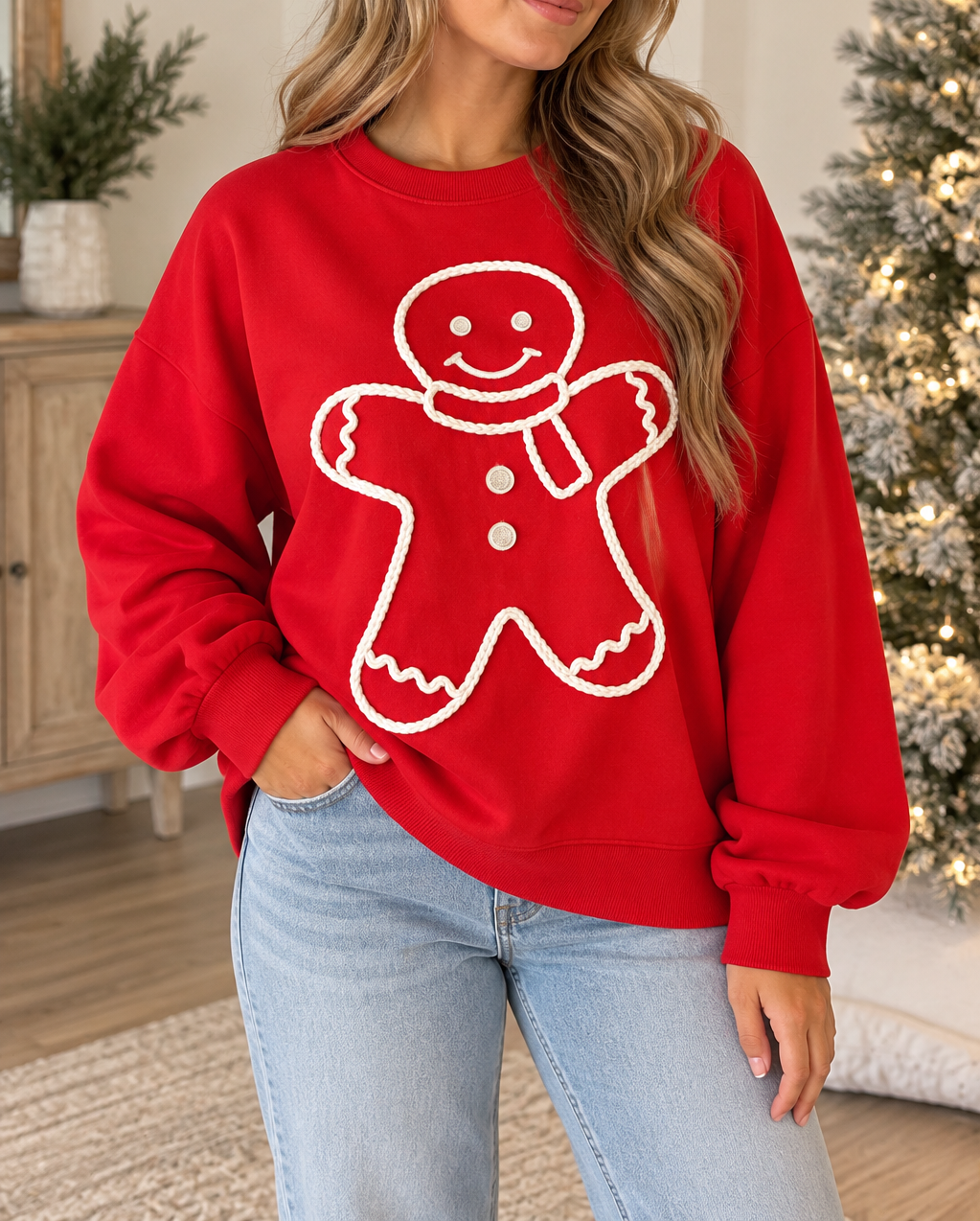 Red Christmas Embroidered Sweatshirt