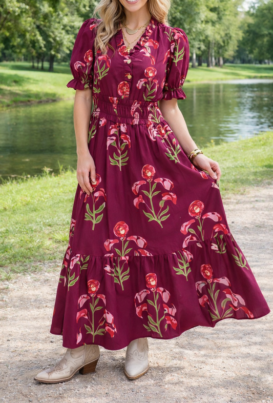 Red Floral Frilled Maxi Dress RTS