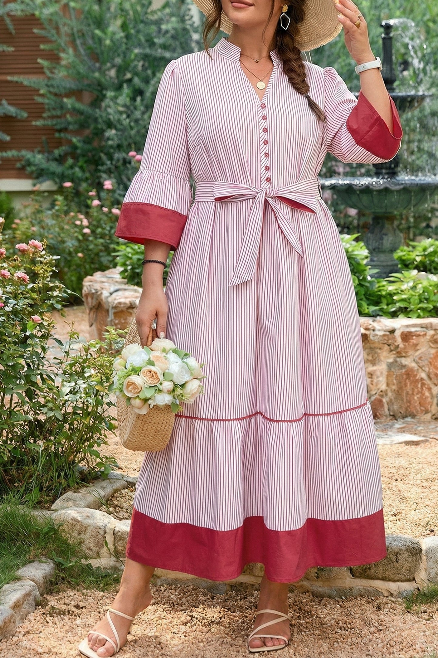 Red Stripe Ruffled Midi Dress FB