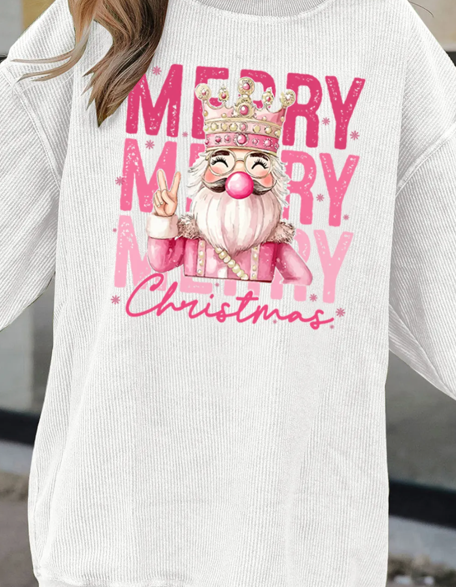 WHITE MERRY CHRISTMAS NUTCRACKER RIBBED SWEATSHIRT RTS
