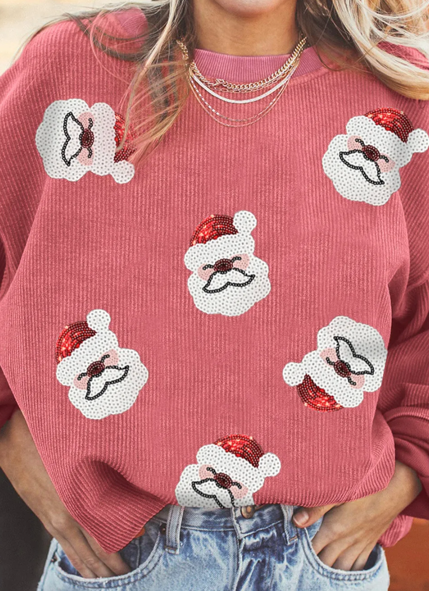 Strawberry Pink Sequin Santa Clause Christmas Corded Sweatshirt RTS