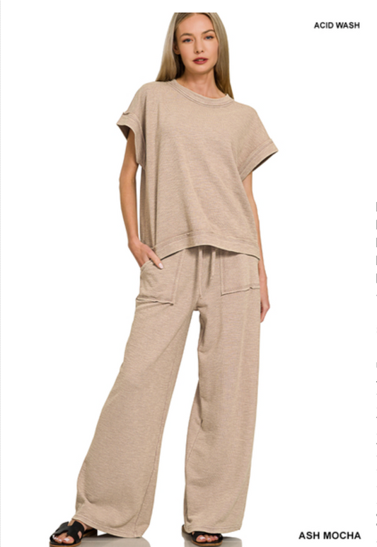 Washed Slub Short Sleeve Tee & Long Pants Set Zenana RTS