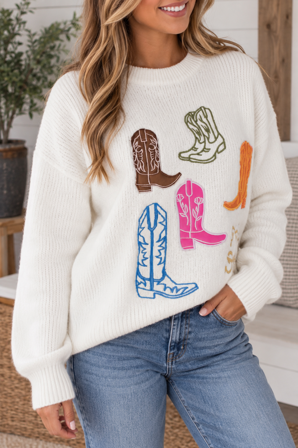 Western Boots Embroidered Sweater