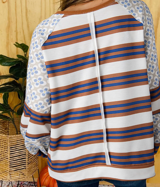 White Striped Floral Lantern Blouse FB