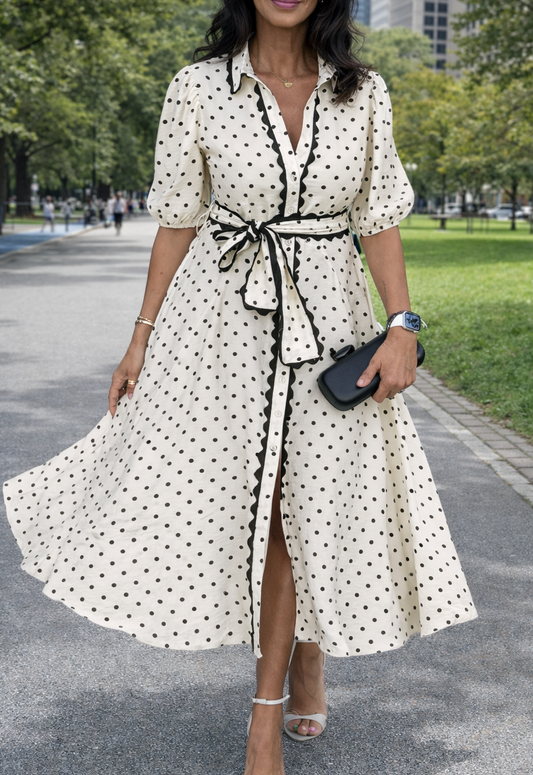 White Polka Dot Belted Midi Dress RTS