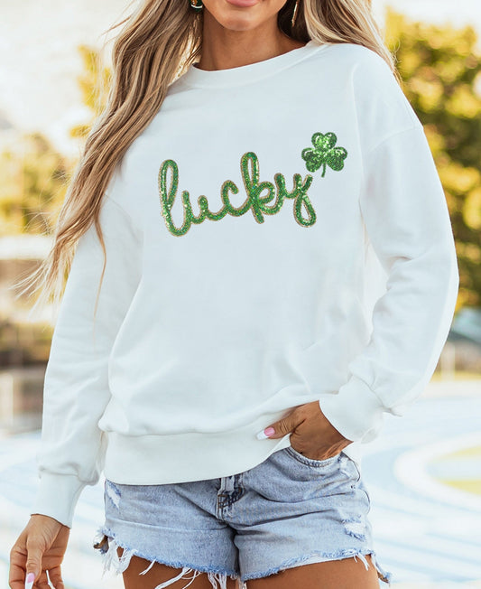 White Sequin Clover Lucky Sweatshirt FB