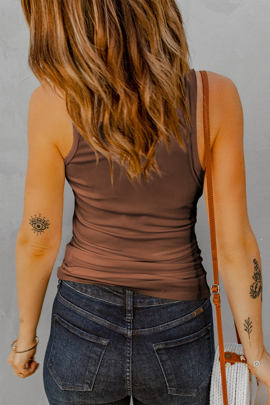 Casual Split Neck Ribbed Knit Tank Top