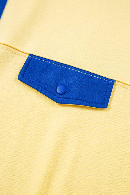 Yellow Colorblock Patchwork Half Button Pullover and Shorts Outfit