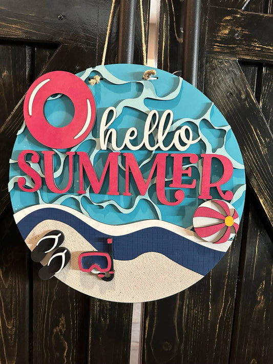 Unfinished DIY Project Kit - Tabletop Or Large Door Hanging Hello Summer (Pool)