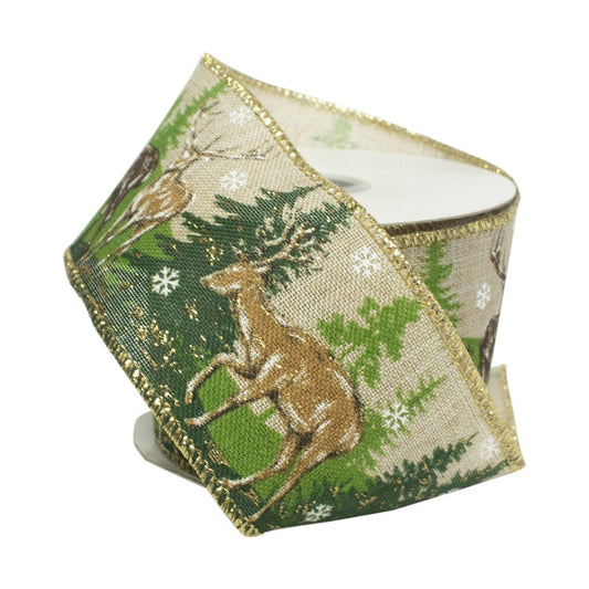 2 1/2" Wired Reindeer Tree Ribbon Natural/Green 10 Yards