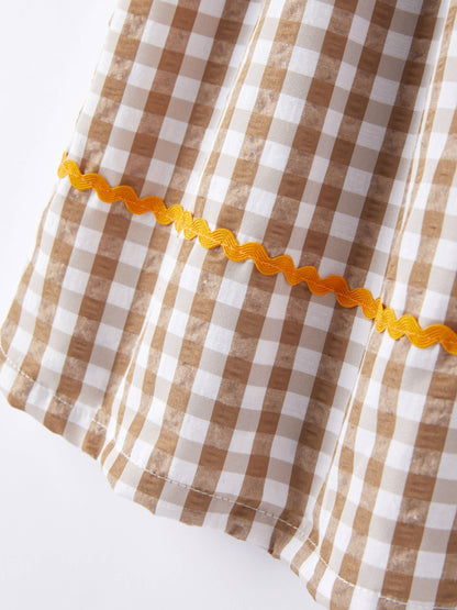 Girls Thanksgiving Smocking Embroidered Brown Plaid Dress