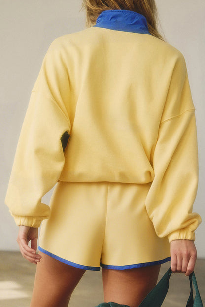 Yellow Colorblock Patchwork Half Button Pullover and Shorts Outfit