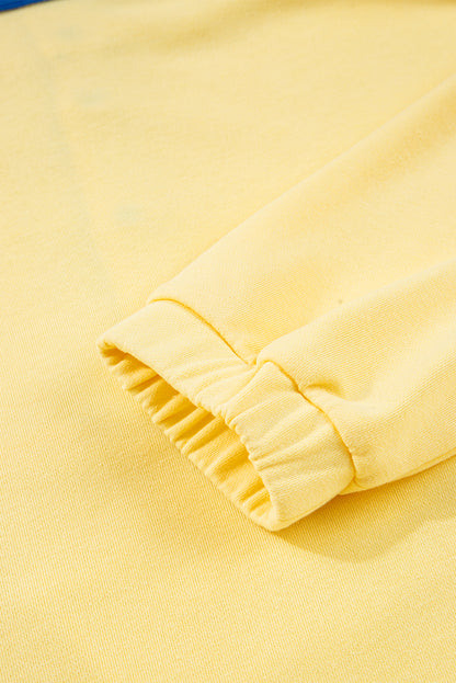 Yellow Colorblock Patchwork Half Button Pullover and Shorts Outfit