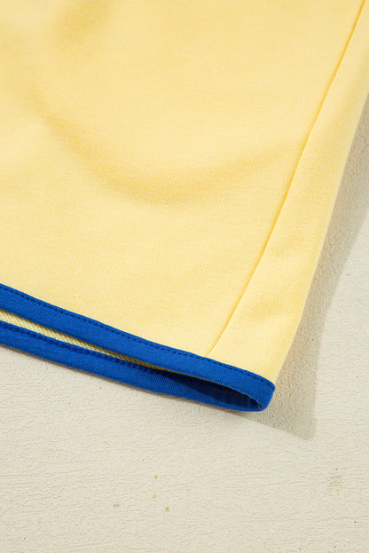 Yellow Colorblock Patchwork Half Button Pullover and Shorts Outfit