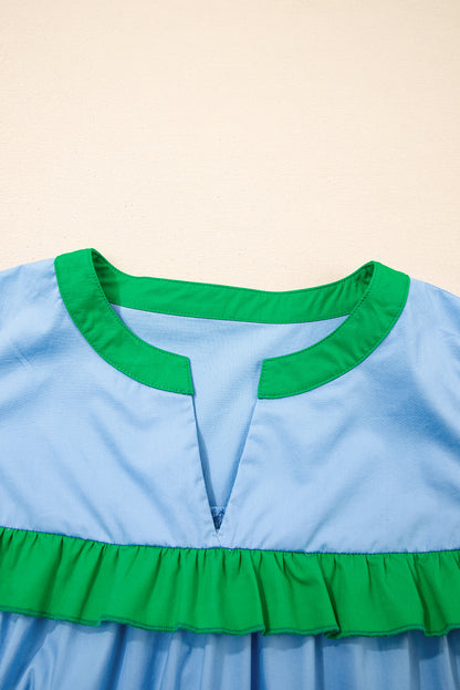 Mist Blue Ruffle Trim V-Neck Puff Sleeve Blouse