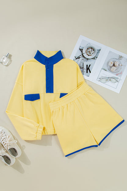 Yellow Colorblock Patchwork Half Button Pullover and Shorts Outfit