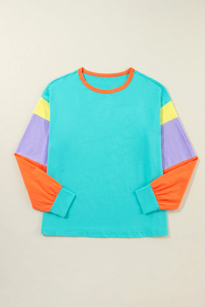 Light Blue Color Block Sleeve Loose Fit Top