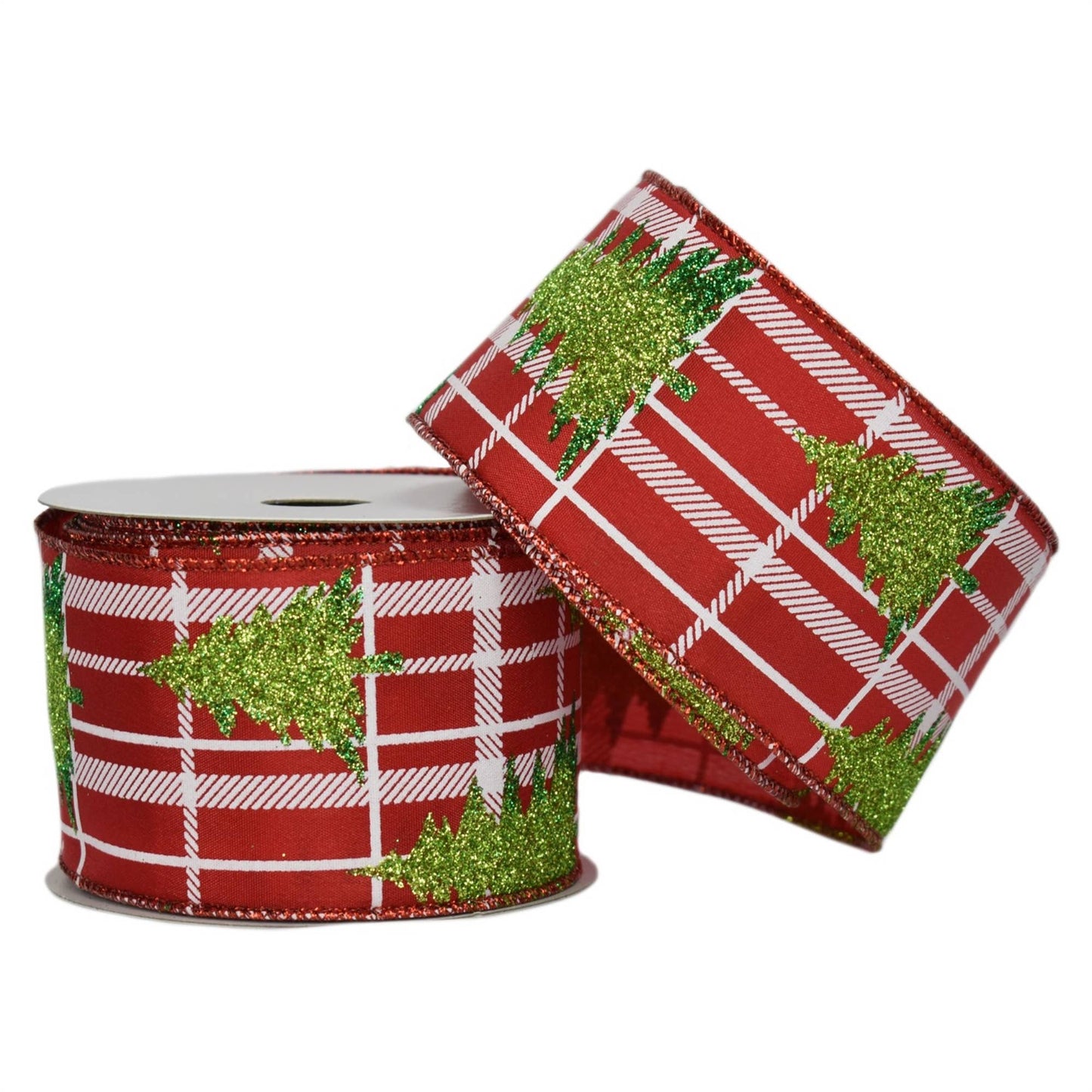 Red/White Plaid W/2 Tones Green Glitter Xmas Tree 2.5" x 10y