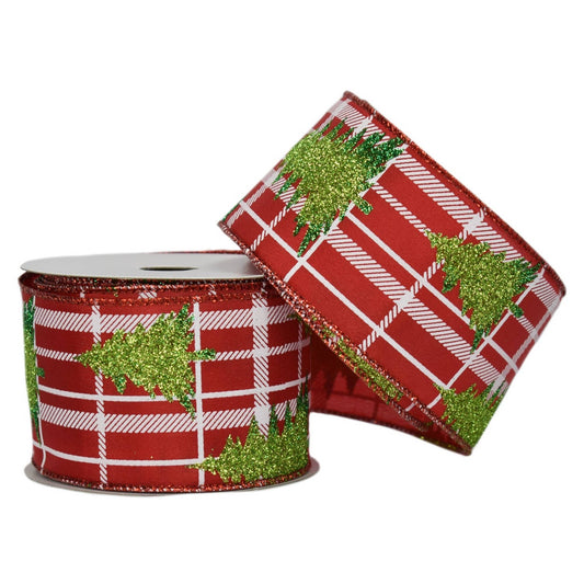 Red/White Plaid W/2 Tones Green Glitter Xmas Tree 2.5" x 10y