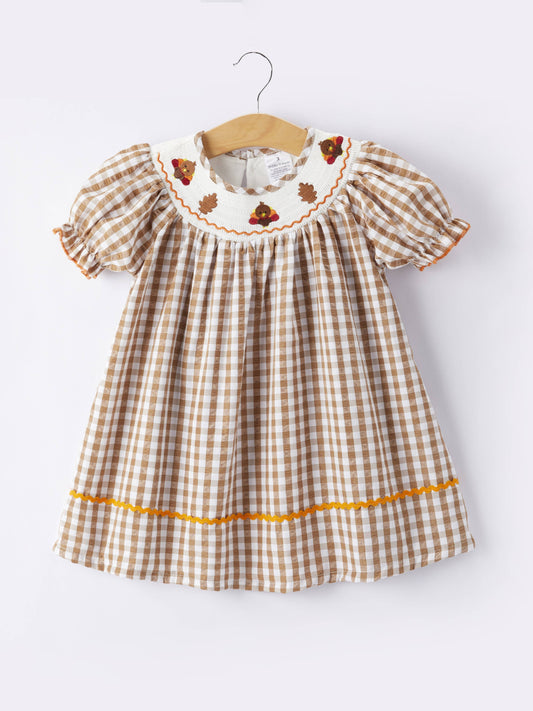 Girls Thanksgiving Smocking Embroidered Brown Plaid Dress