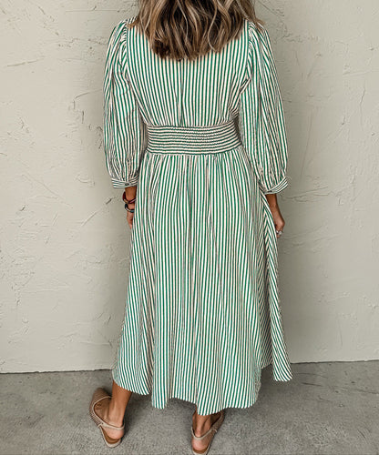 Green Stripe Clinched Midi Dress RTS