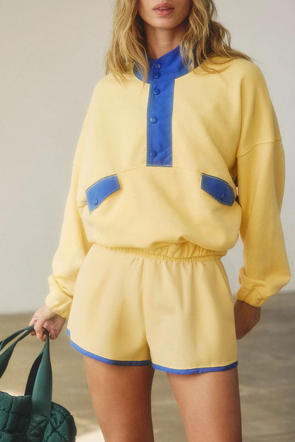 Yellow Colorblock Patchwork Half Button Pullover and Shorts Outfit