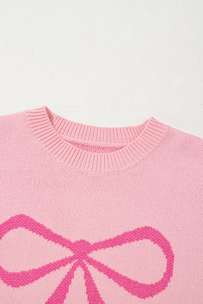 Pink Bow Round Neck Pullover Sweater