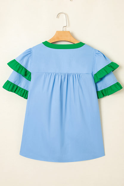 Mist Blue Ruffle Trim V-Neck Puff Sleeve Blouse