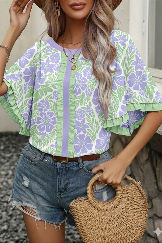 Floral Ruffled Trim Blouse RTS
