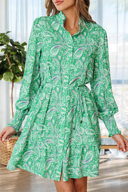 Green Paisley Tie Front Dress FB